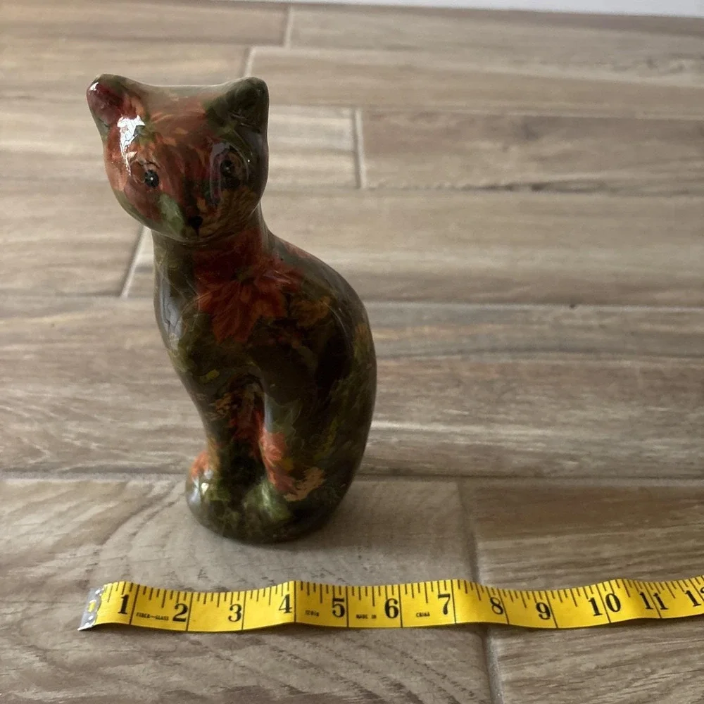 Vintage Cat‎ Decoupage Look Poinsettia Green Floral Figurine Statue 9